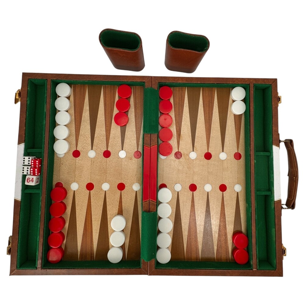 Backgammon Set Red White Checkers Green Trim Leatherette Case Complete Rules VTG